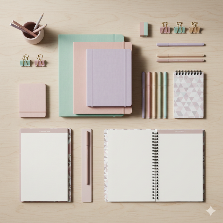 Artículos de papelería como cuadernos, lápices y marcadores sobre un escritorio ordenado.