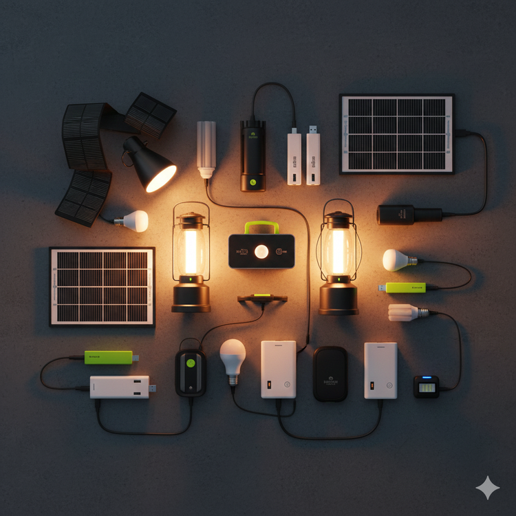 Linternas, lámparas LED y power banks sobre fondo iluminado suavemente.