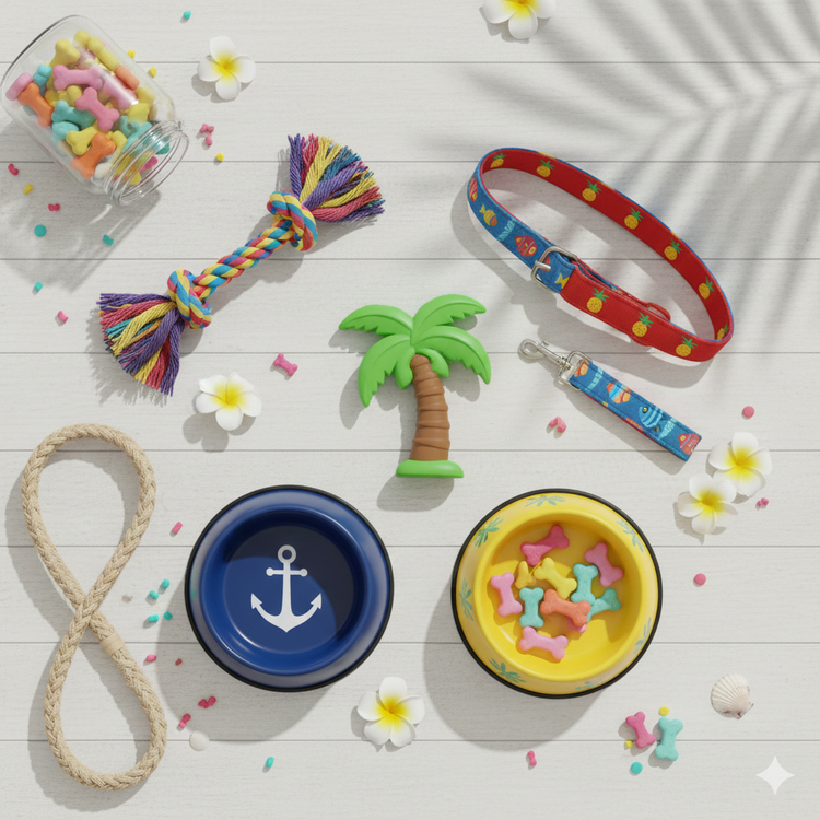 Accesorios para mascotas como juguetes, platos y collares sobre fondo alegre.