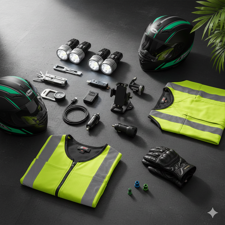 Accesorios para motos y carros como luces LED, soportes y cascos organizados en fondo moderno.