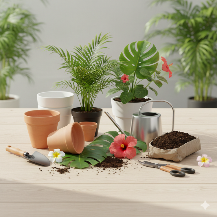 Accesorios de jardinería con plantas tropicales, macetas y herramientas sobre fondo natural.