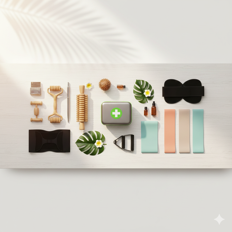 Productos esenciales de salud y bienestar como botiquín, masajeros y bandas elásticas sobre fondo limpio.