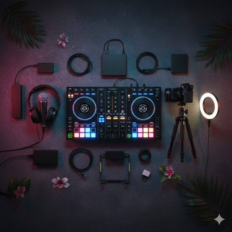 Equipos de DJ y fotografía como consola, micrófono, cámara y luces sobre fondo oscuro elegante.
