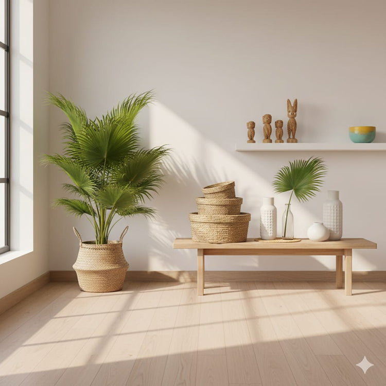 Decoración tropical para interiores con plantas, madera natural y luz cálida.