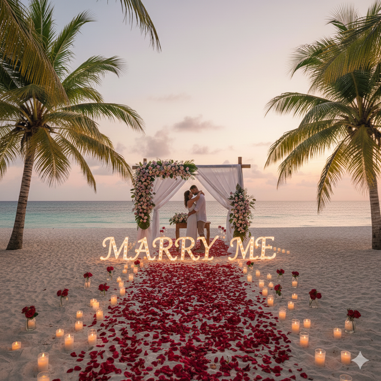 Escenario romántico en la playa con letras “Marry Me”, flores y velas para pedida de matrimonio.