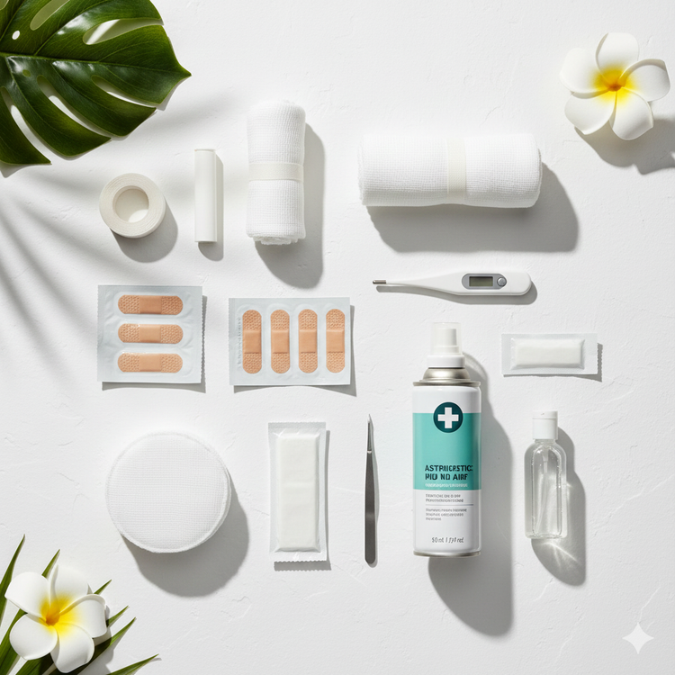 Artículos de farmacia como vendas, antisépticos y curitas organizados sobre fondo limpio y minimalista.