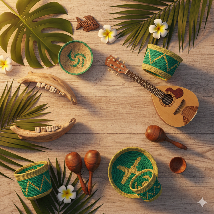 Instrumentos y artesanías raizales como quijada, mandolina y cestas tradicionales sobre fondo natural caribeño.