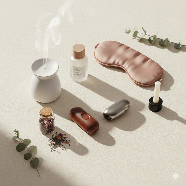 Productos de bienestar íntimo y autocuidado presentados de forma elegante y discreta.