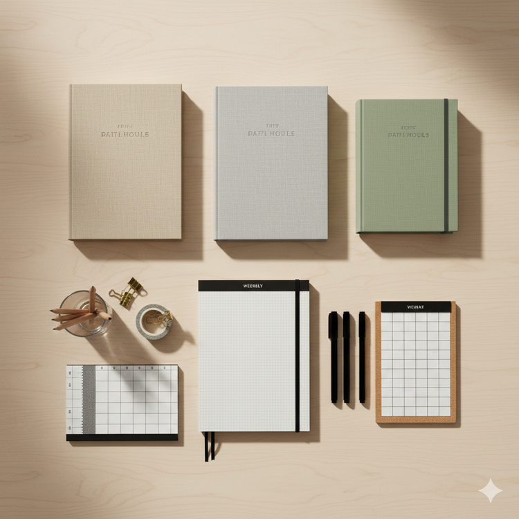 Libros, cuadernos y artículos de papelería creativa para estudio y lectura.