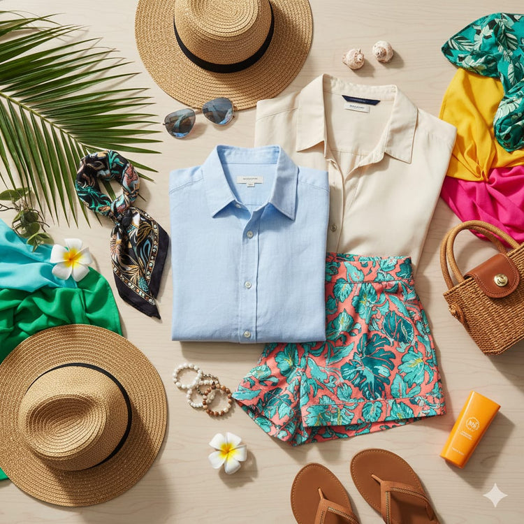 Conjunto de ropa y accesorios playeros con estética tropical sobre fondo de arena.