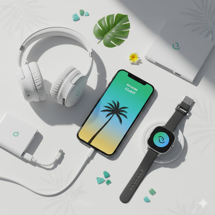 Accesorios tecnológicos como audífonos, smartwatch y smartphone sobre fondo minimalista tropical.