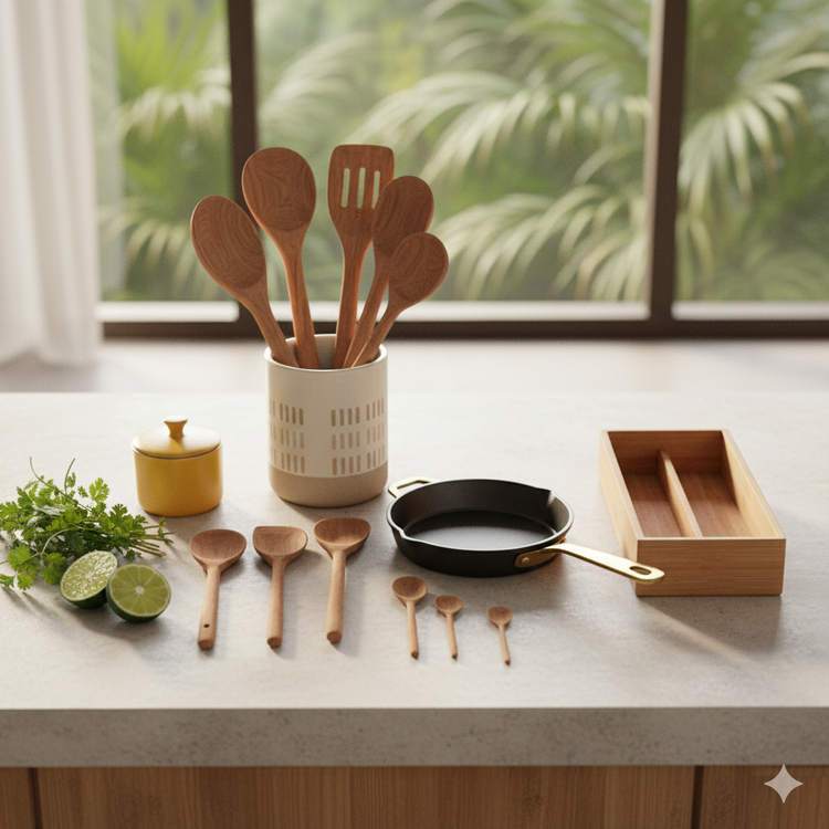 Utensilios y accesorios de cocina organizados sobre una mesa clara con estilo tropical y funcional.