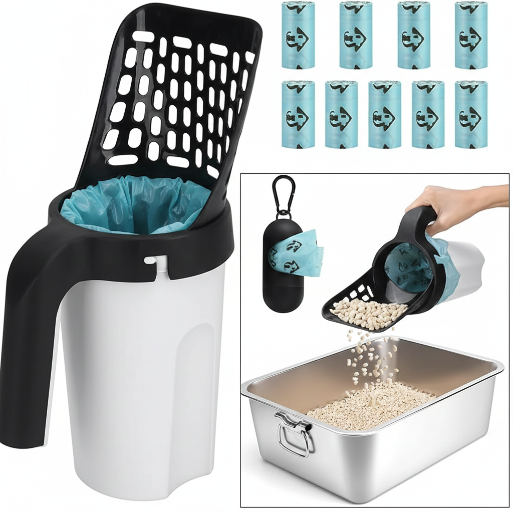 Recogedor de Arena para Gato 2 en 1 con Bolsas – Limpieza Rápida & Sin Olores